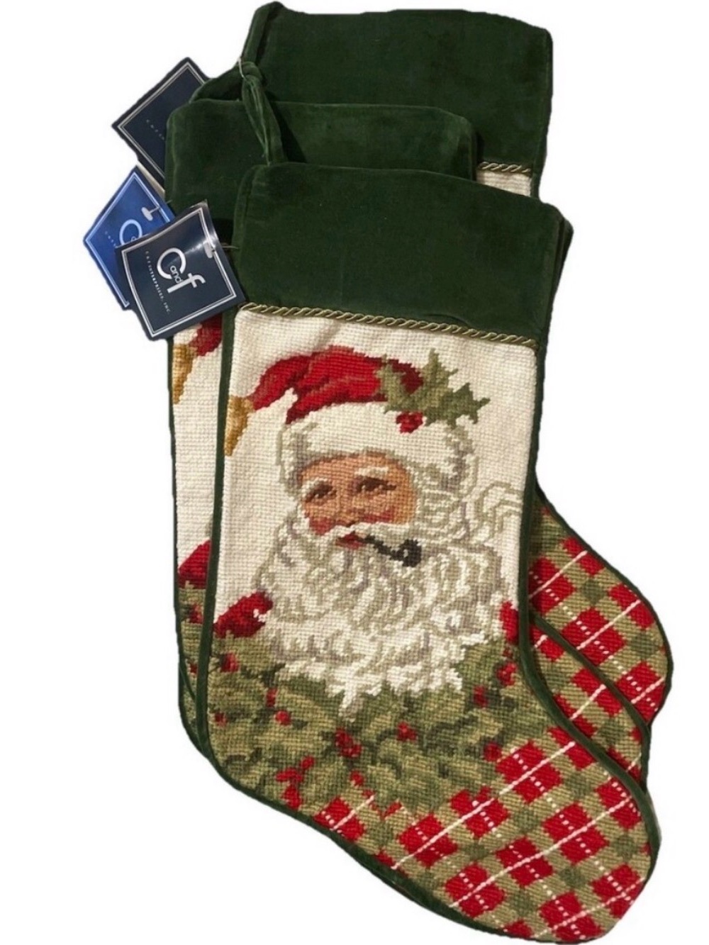 Set of 4  New C & F Enterprises Detailed Needlepoint Santa Christmas Stockings
